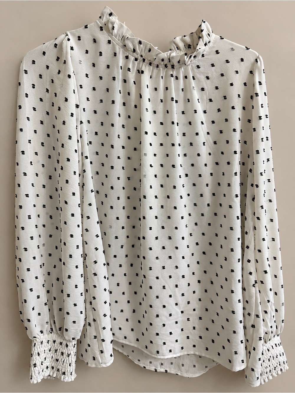 JODIFL Cream Blouse with Black Dot Print and Ruffle Neck